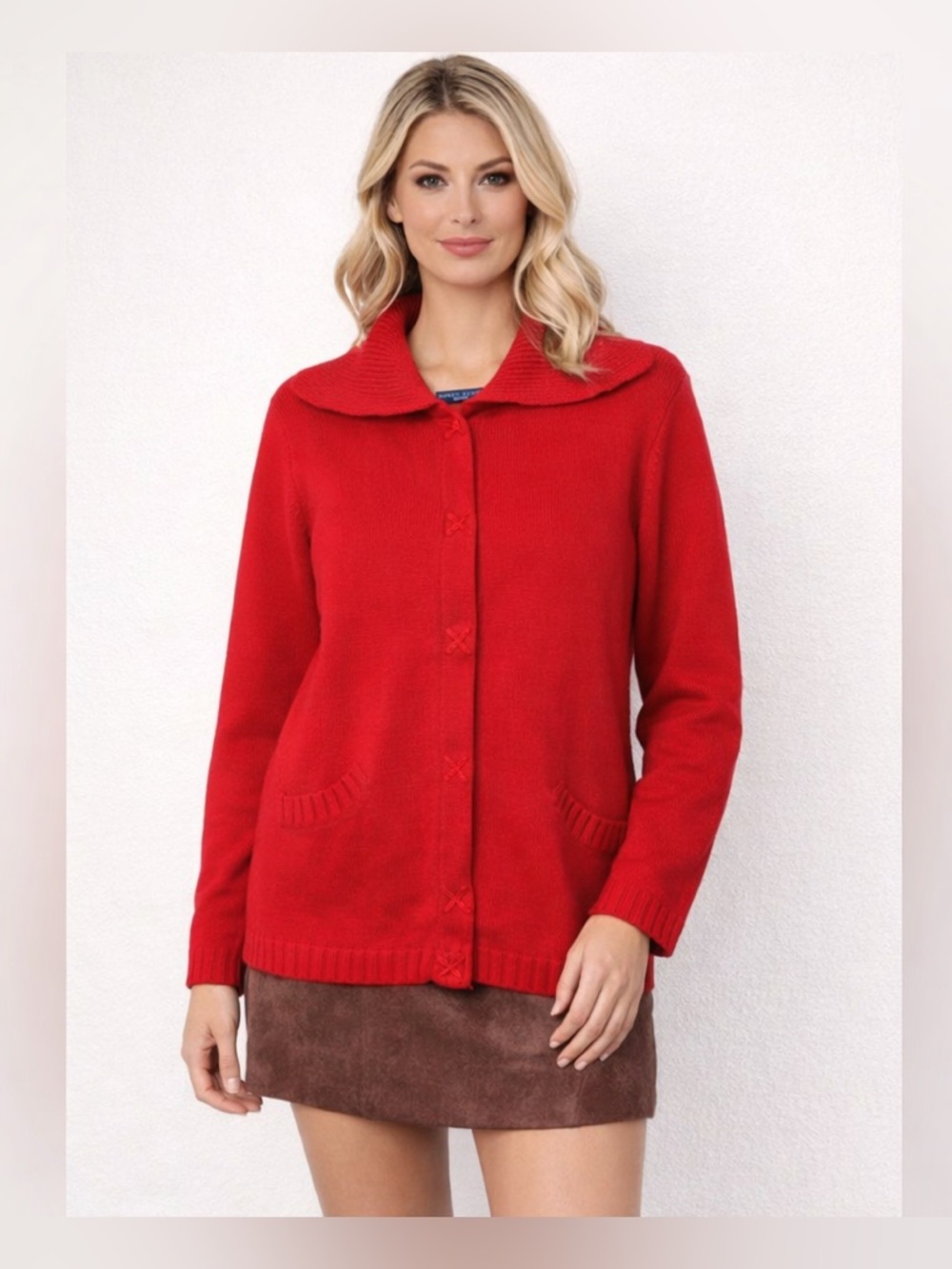 Karen Scott Red Knit Sweater Jacket XL Button Front Collared Cardigan Pockets